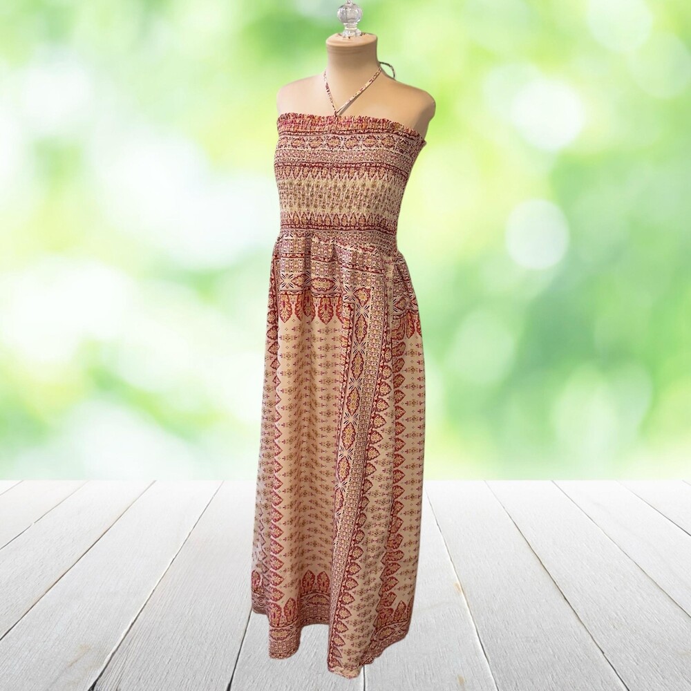 ELLEN WEAVER Bandana Print Maxi Dress Halter Smocked Bodice Boho Tassels Size XL